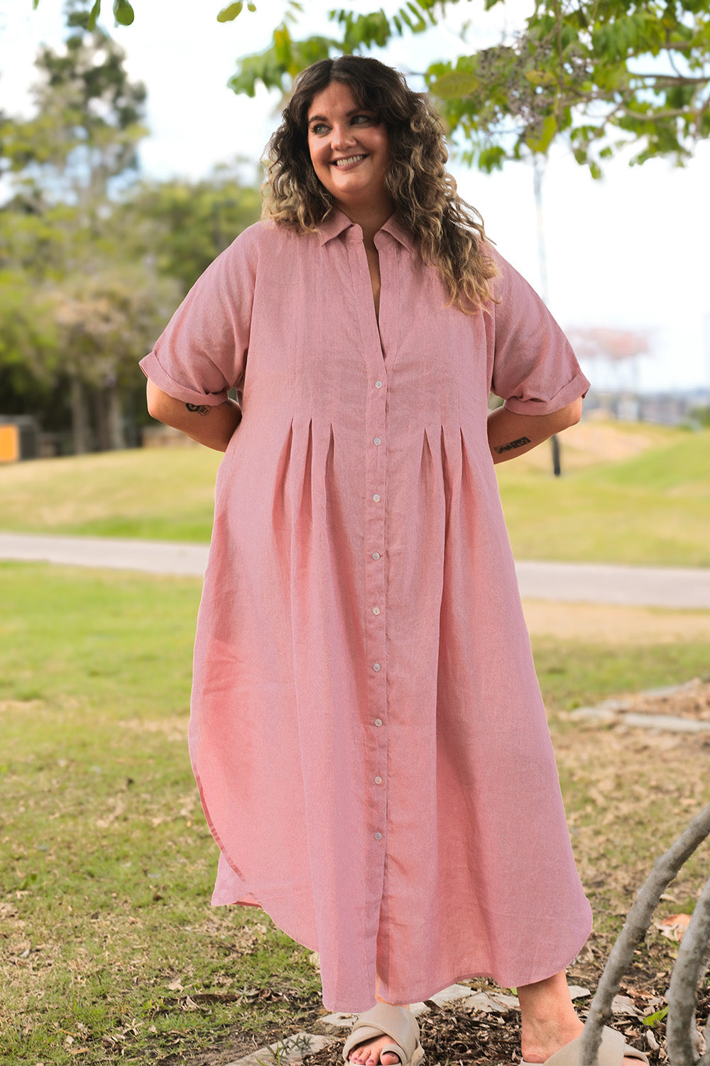 Bridget Linen Pleated Dress in Blush