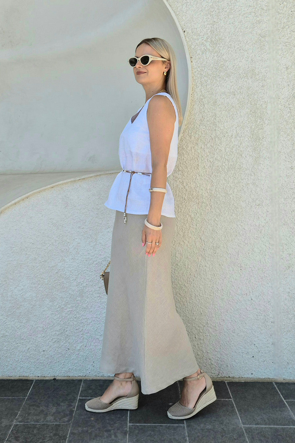 Katie Bias Cut Linen Skirt in Natural