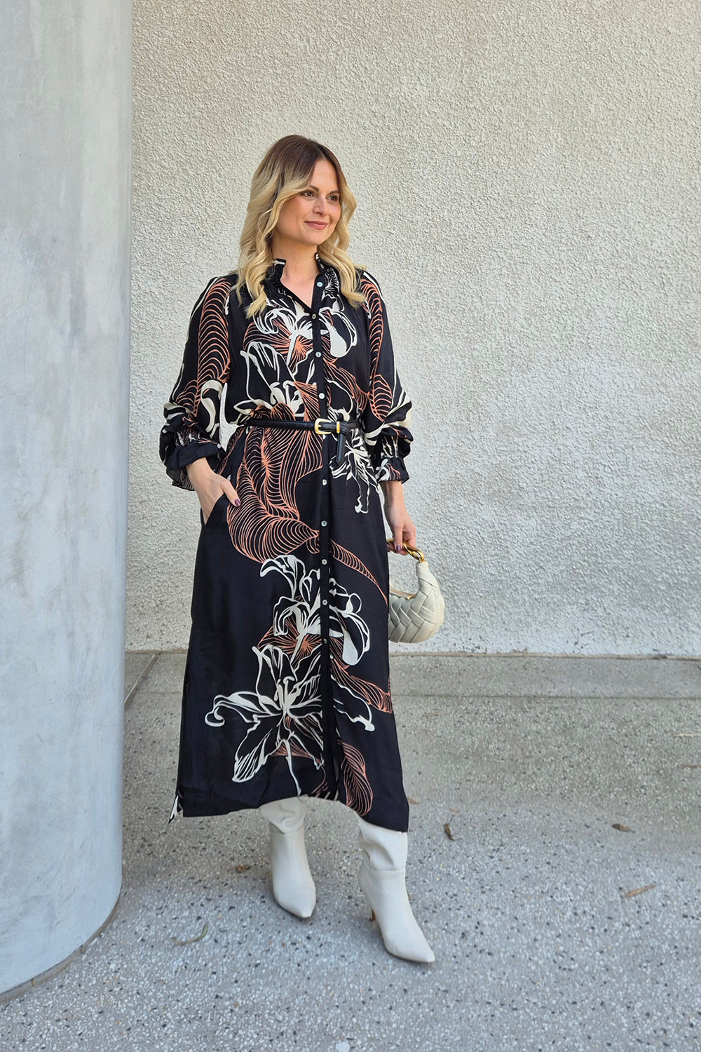 Gianna Shirred Dress in Floral Terrain