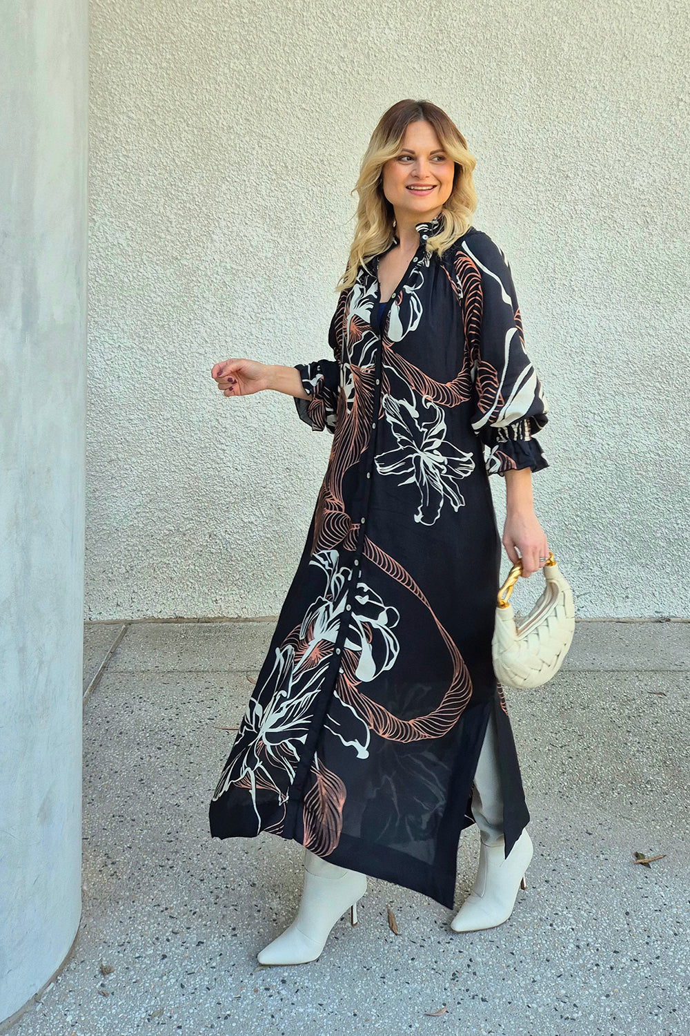 Gianna Shirred Dress in Floral Terrain