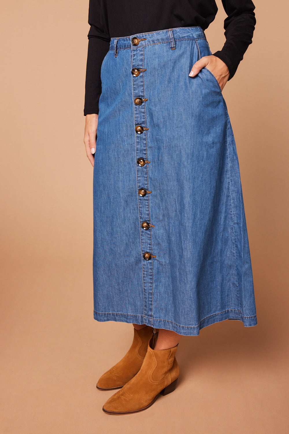 Adrift A-Line Button Down Skirt in Chambray