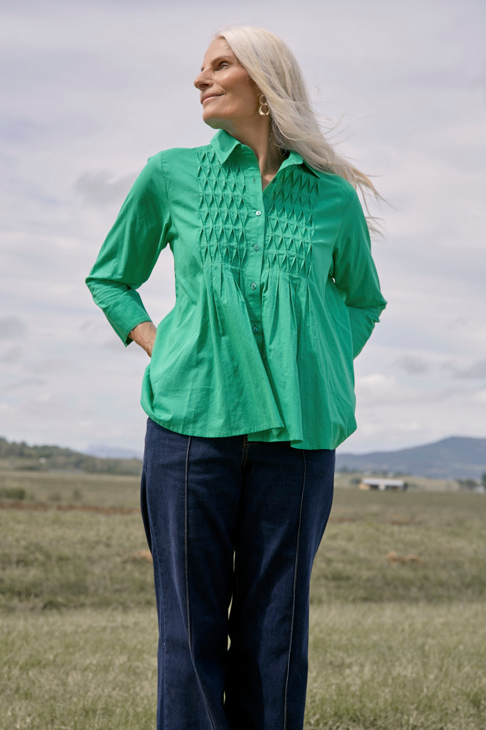 Vivienne Pintuck Blouse in Emerald