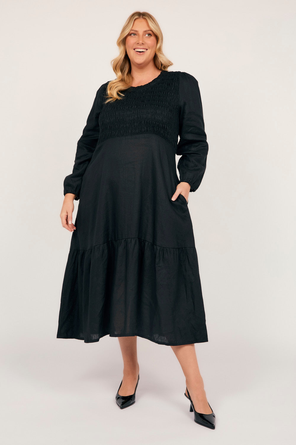 Minden Linen Long Sleeve Shirred Dress in Black