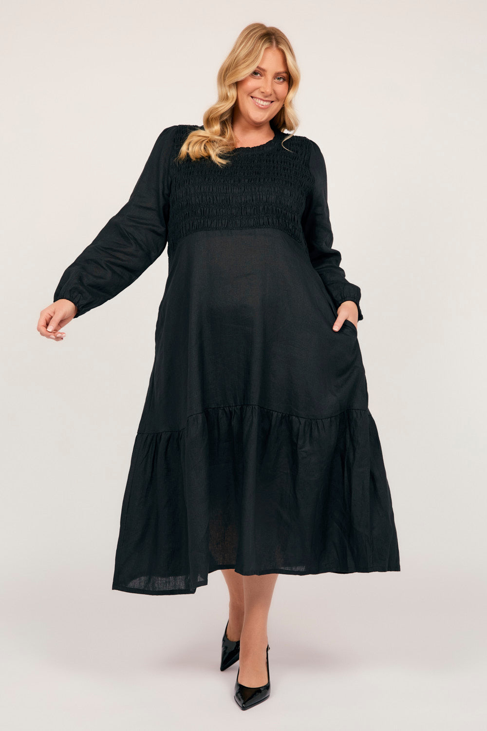 Minden Linen Long Sleeve Shirred Dress in Black