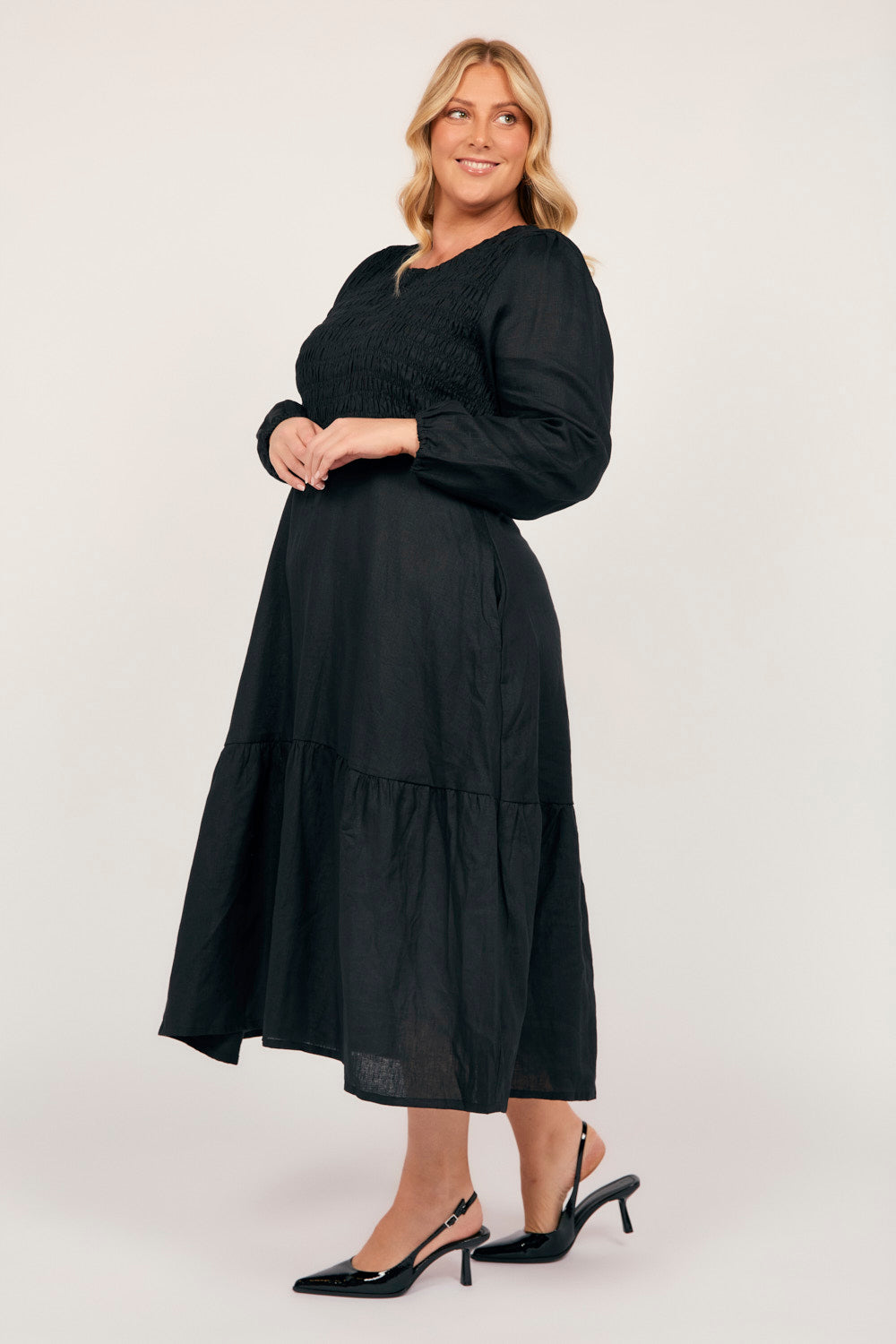 Minden Linen Long Sleeve Shirred Dress in Black