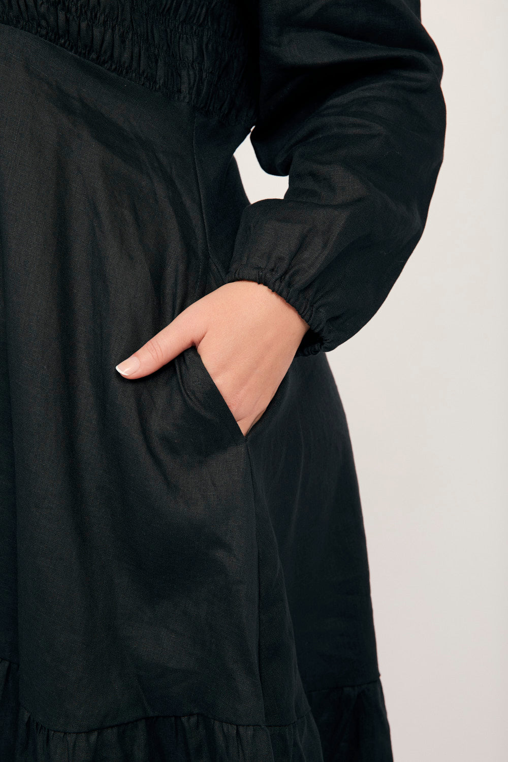 Minden Linen Long Sleeve Shirred Dress in Black