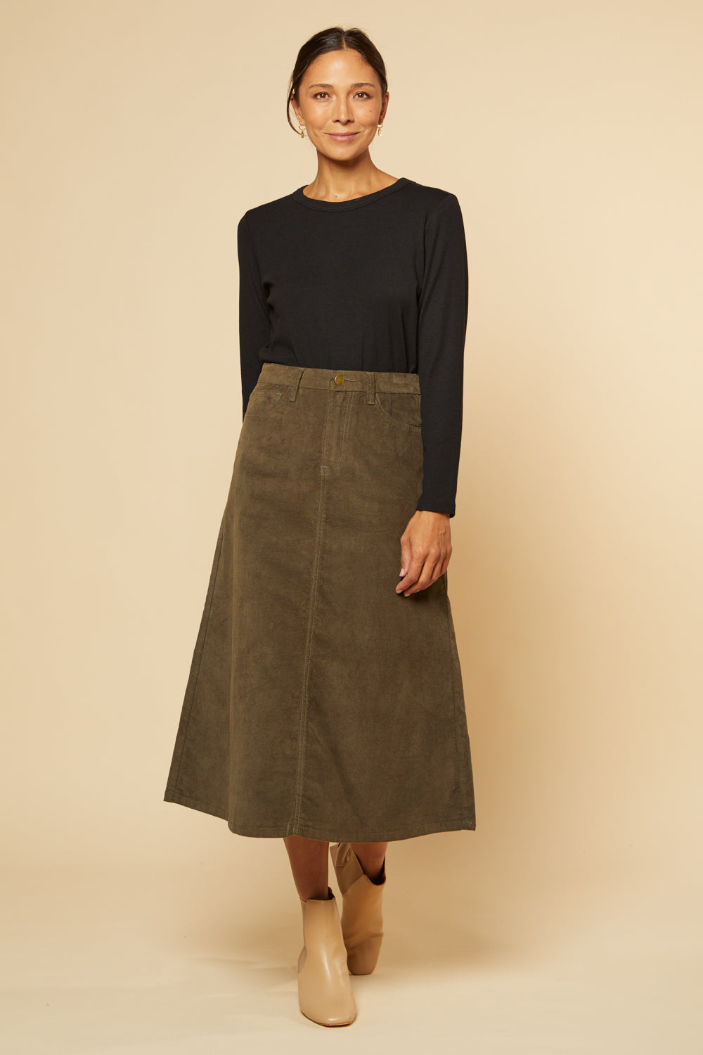 Adrift A-Line Brushed Cotton Skirt in Olive