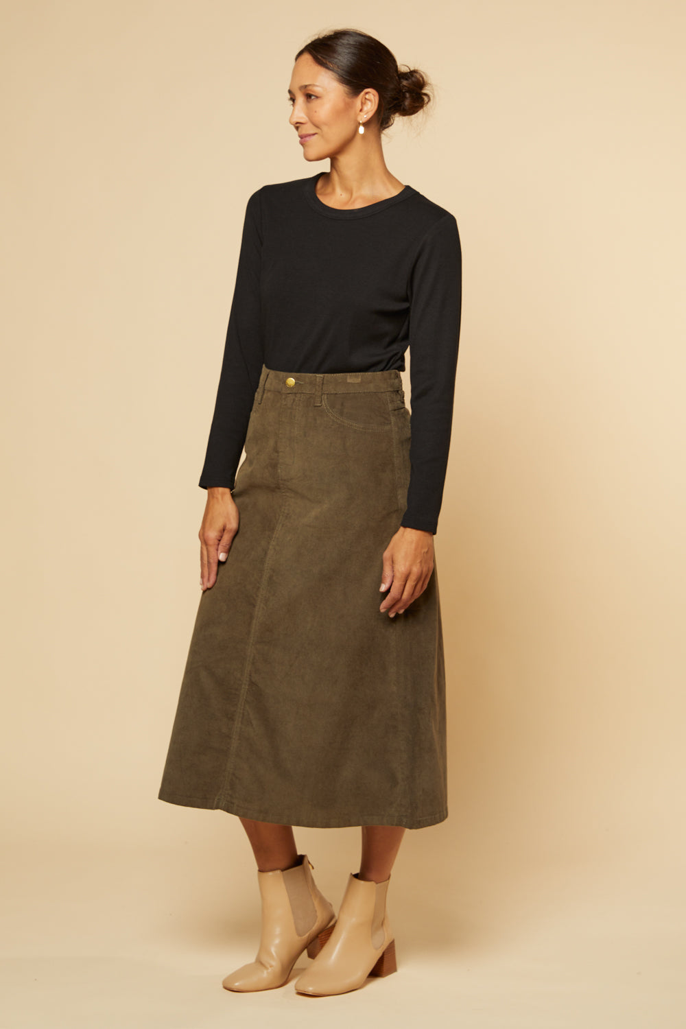 Adrift A-Line Brushed Cotton Skirt in Olive, Midi Skirt - Adrift Clothing