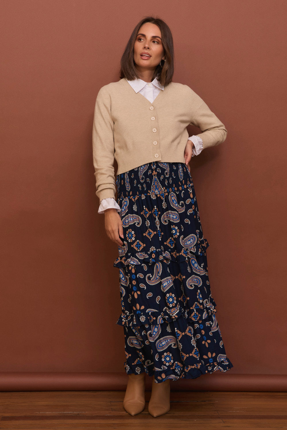 Aaliyah Frill Skirt in Navy Filigree