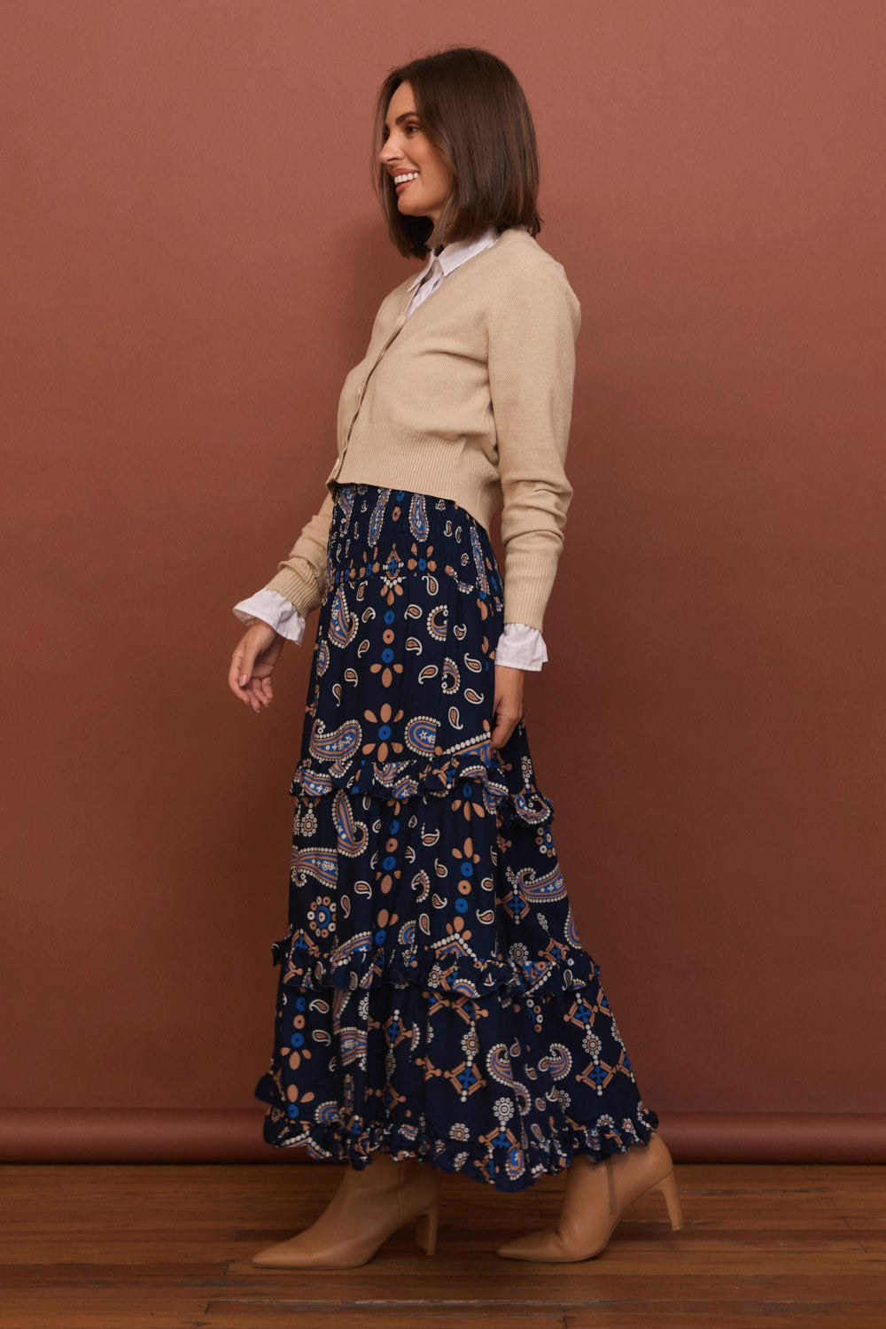 Aaliyah Frill Skirt in Navy Filigree