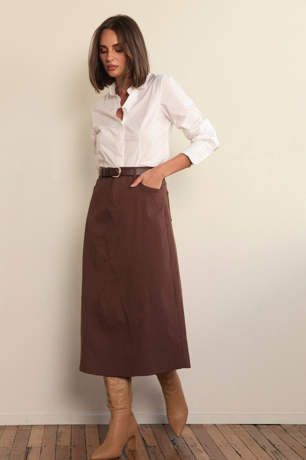 Stretch A-Line Skirt in Chocolate