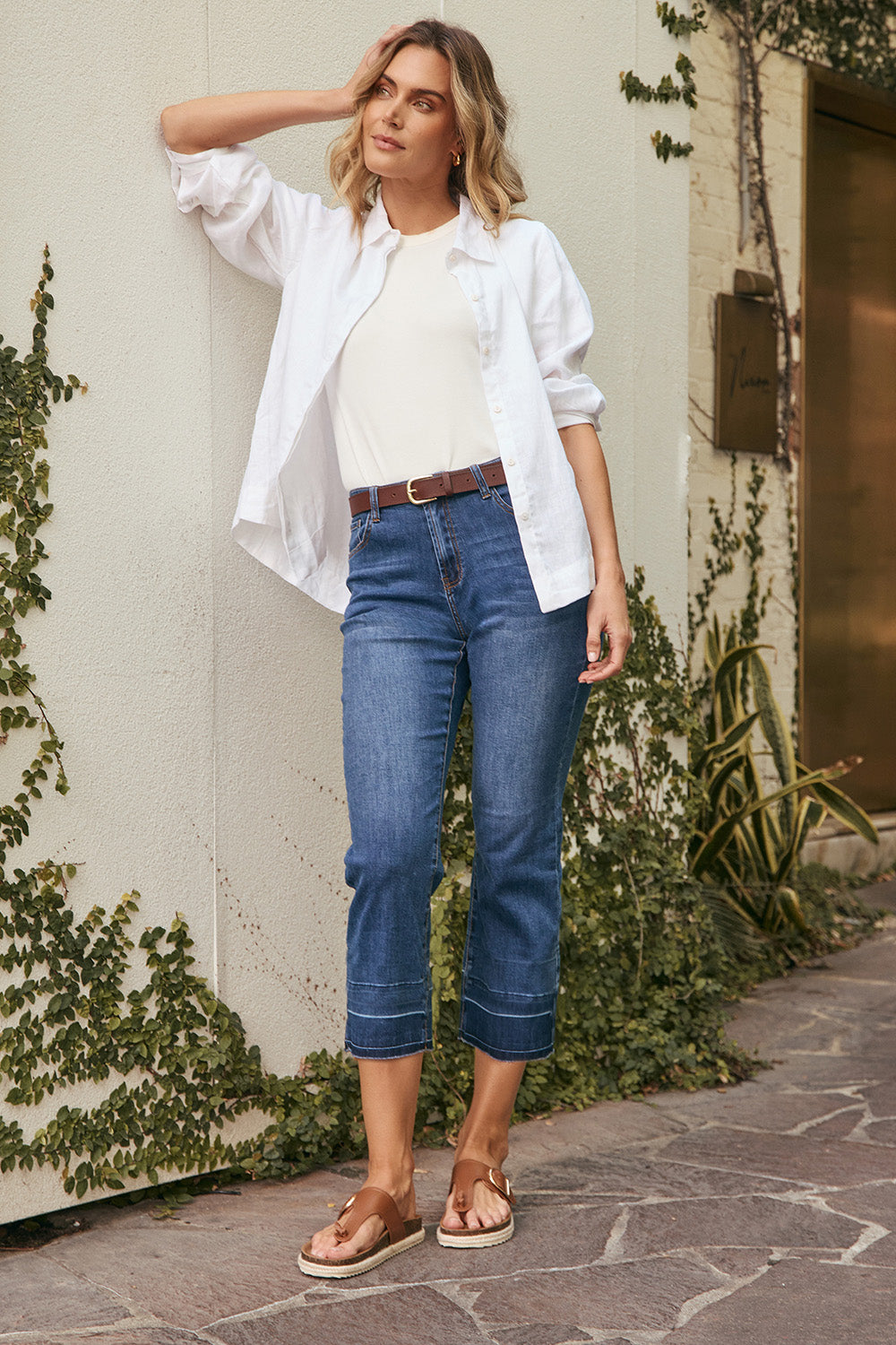 Adrift Denim Cropped Straight Leg Jeans in Mid Wash