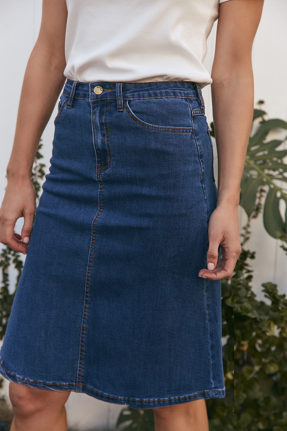Adrift Denim Short A-Line Skirt in Mid Wash
