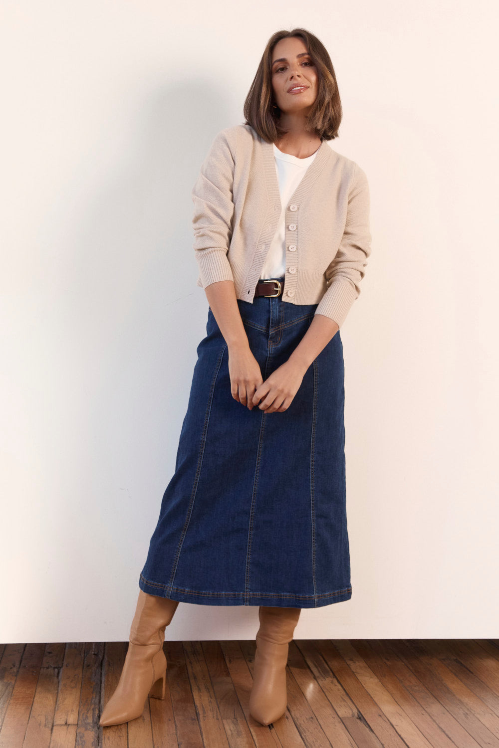 Adrift Flared Denim Maxi Skirt in Dark Wash