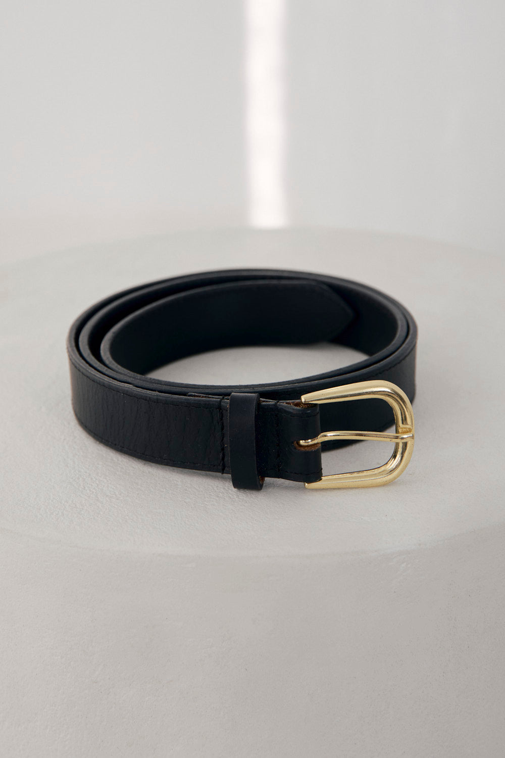 Black belt with a gold buckle on a light gray background