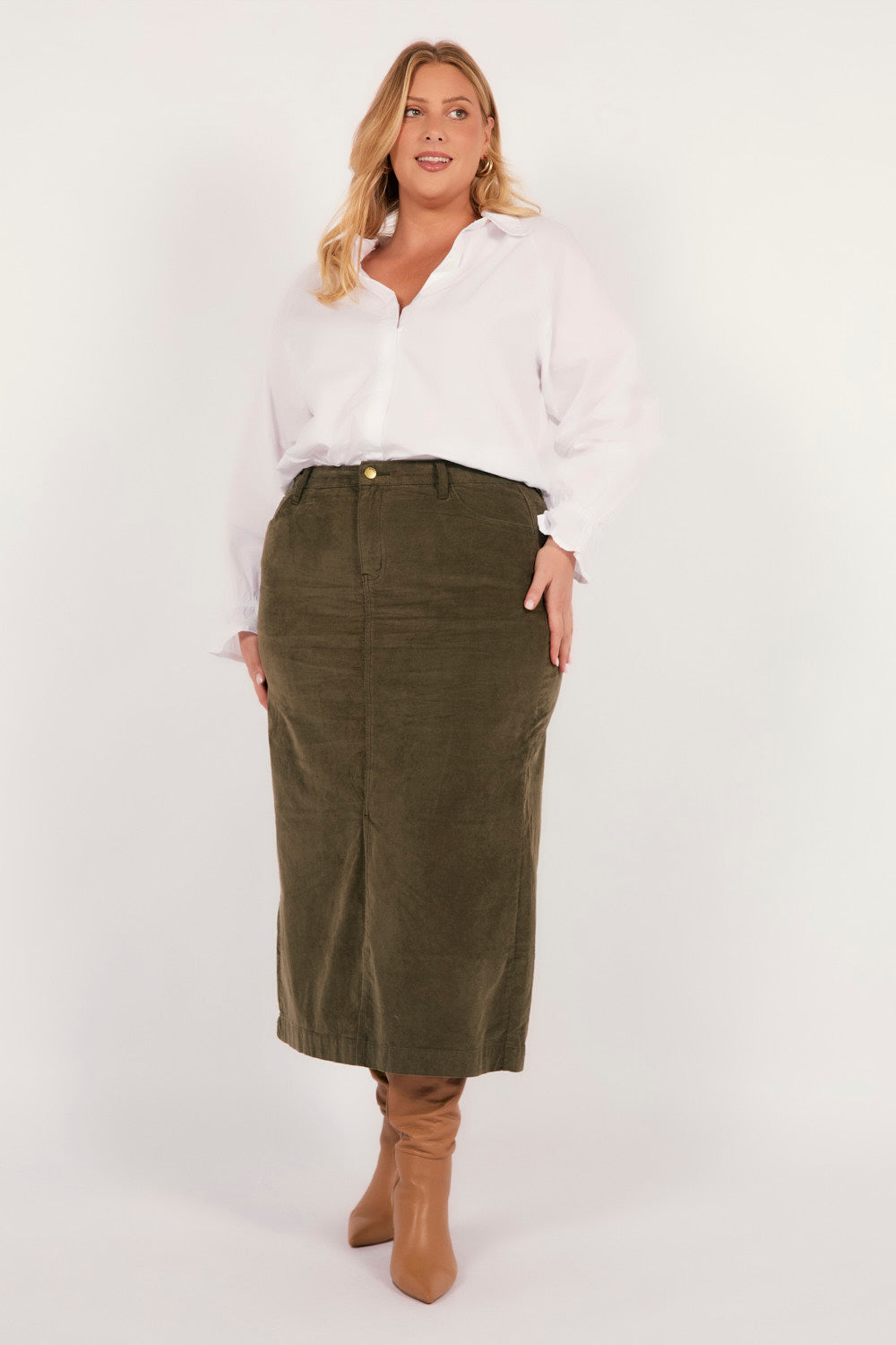Adrift Split Brushed Cotton Skirt in Olive