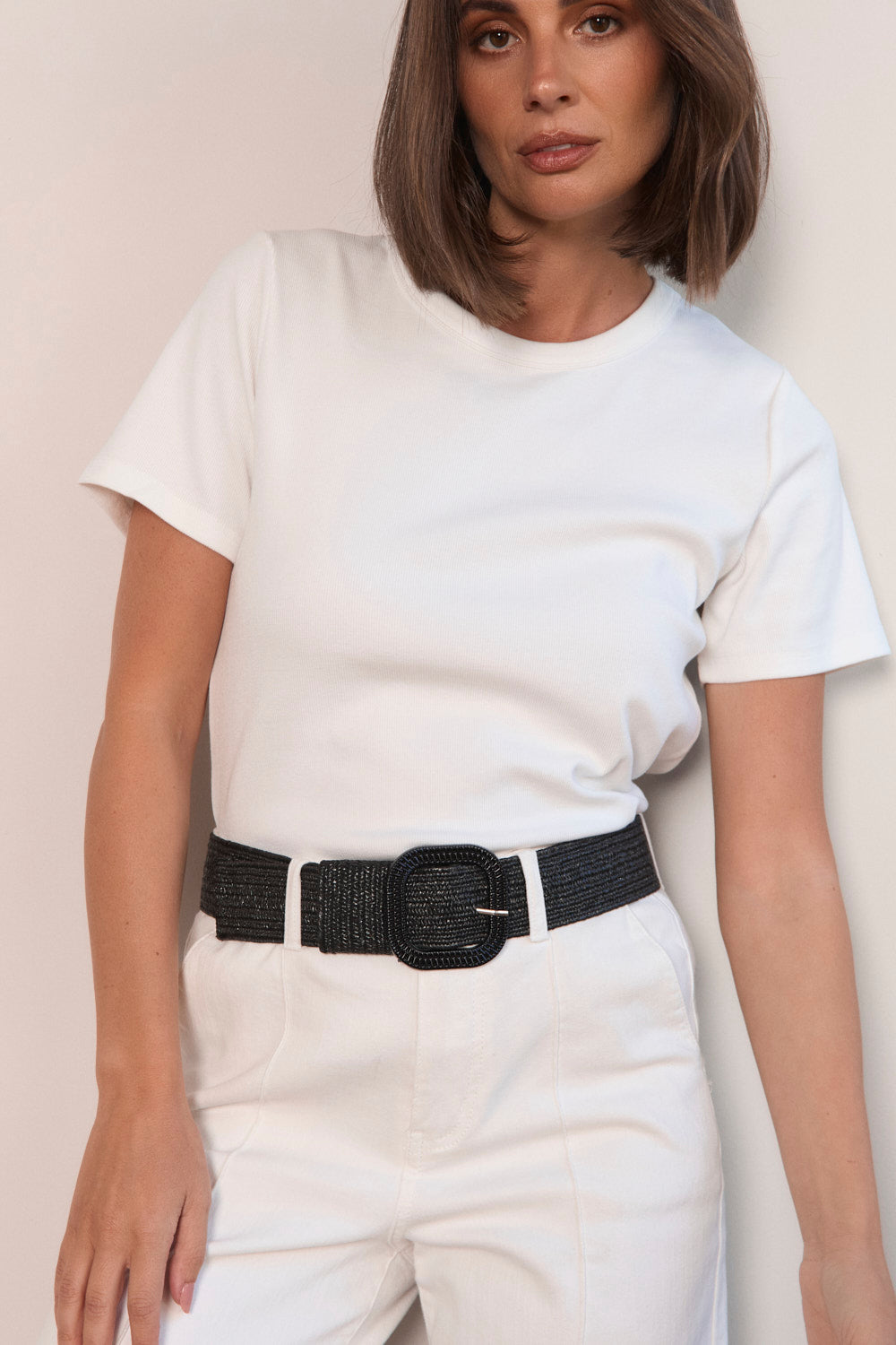 Adrift Wide Stretch Belt in Black Raffia