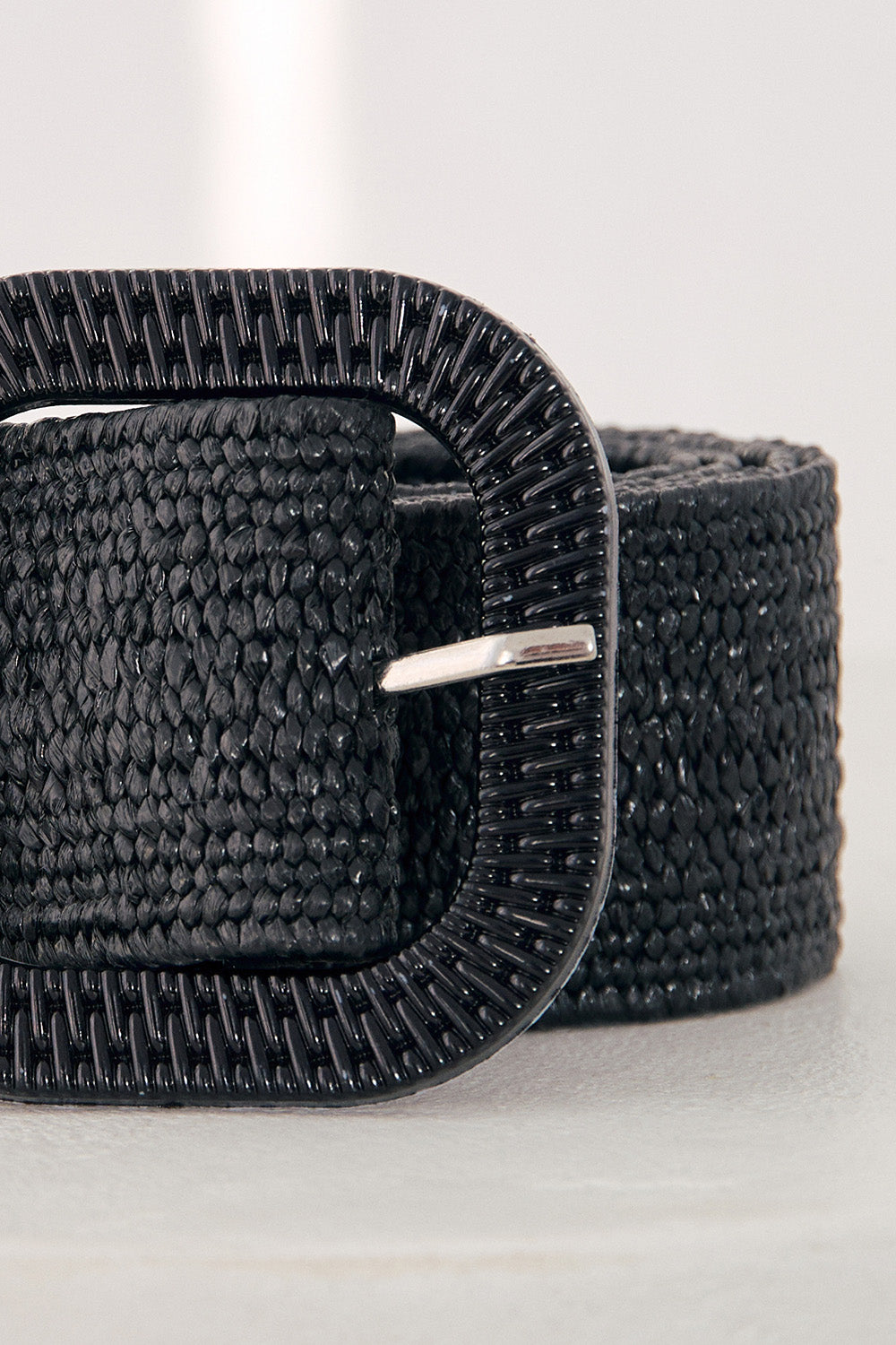 Adrift Wide Stretch Belt in Black Raffia worn on the hip, Australian womenswear by Adrift