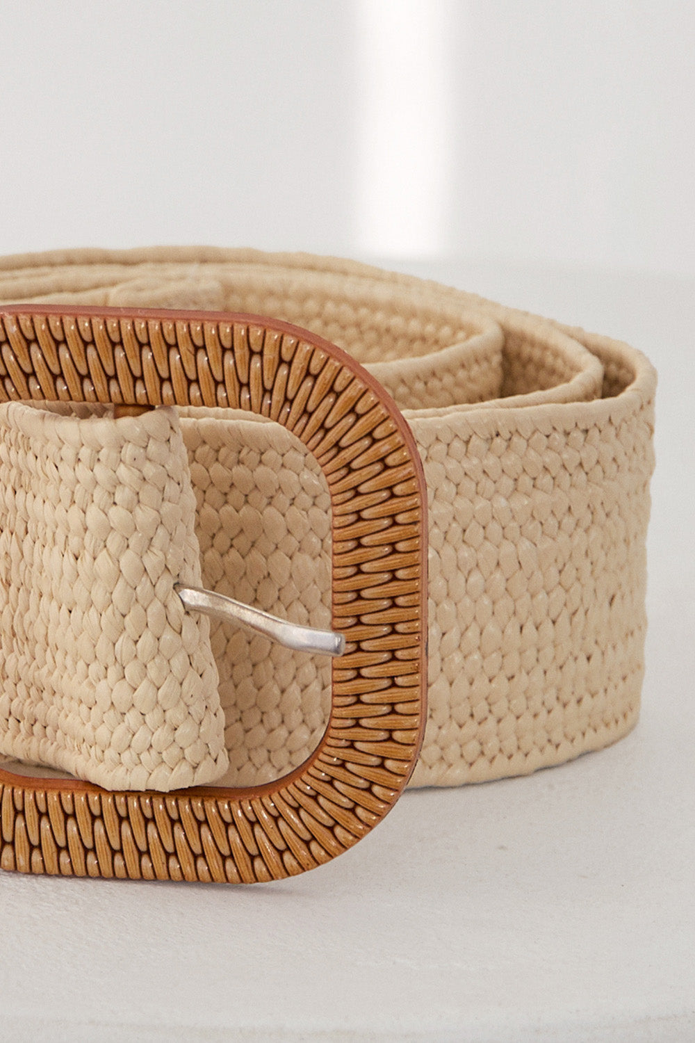 Adrift Wide Stretch Belt in Natural Raffia worn on the hip, Adrift Clothing