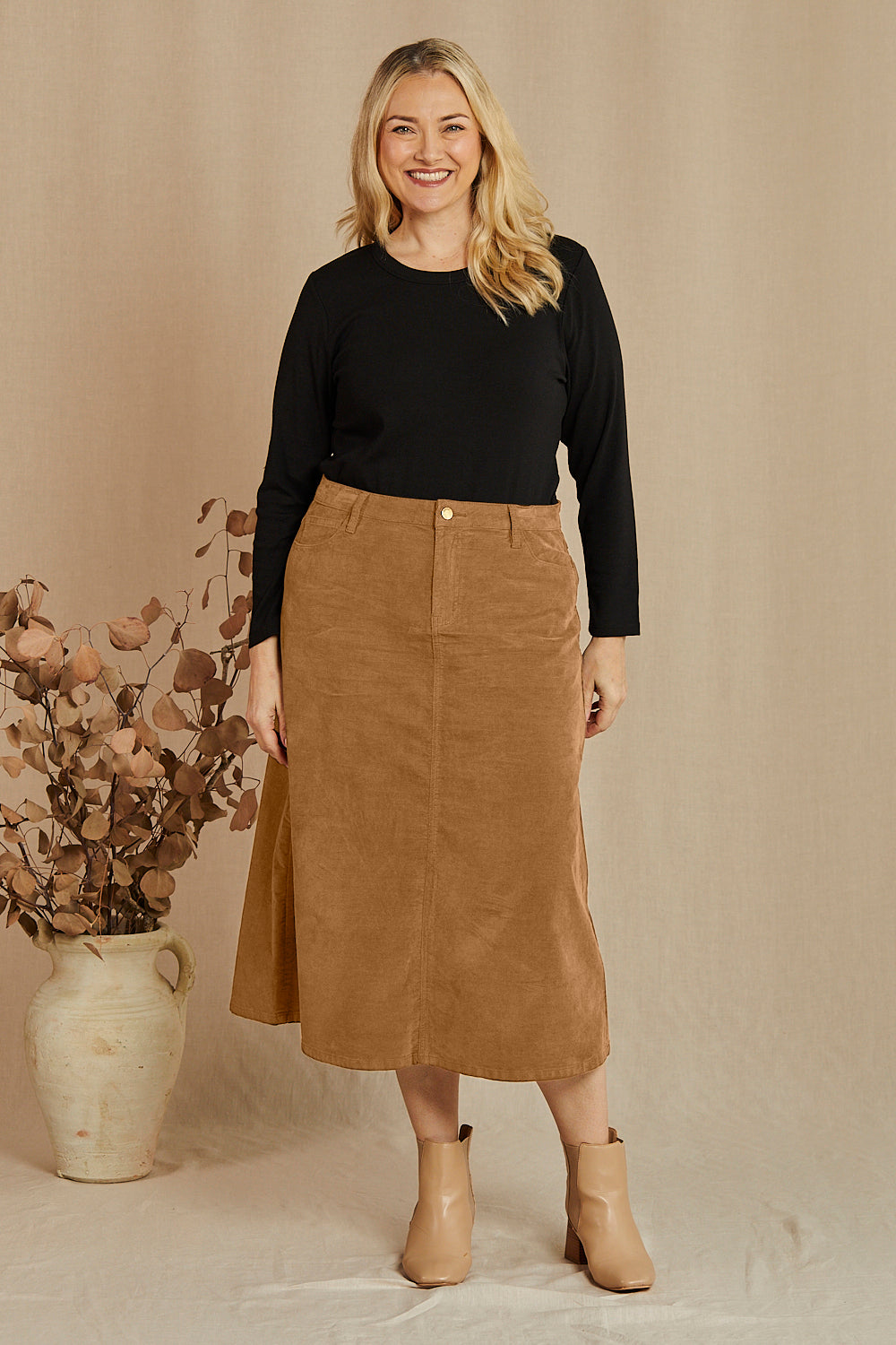Adrift A-Line Brushed Cotton Skirt in Camel, Midi Skirt - Adrift Clothing