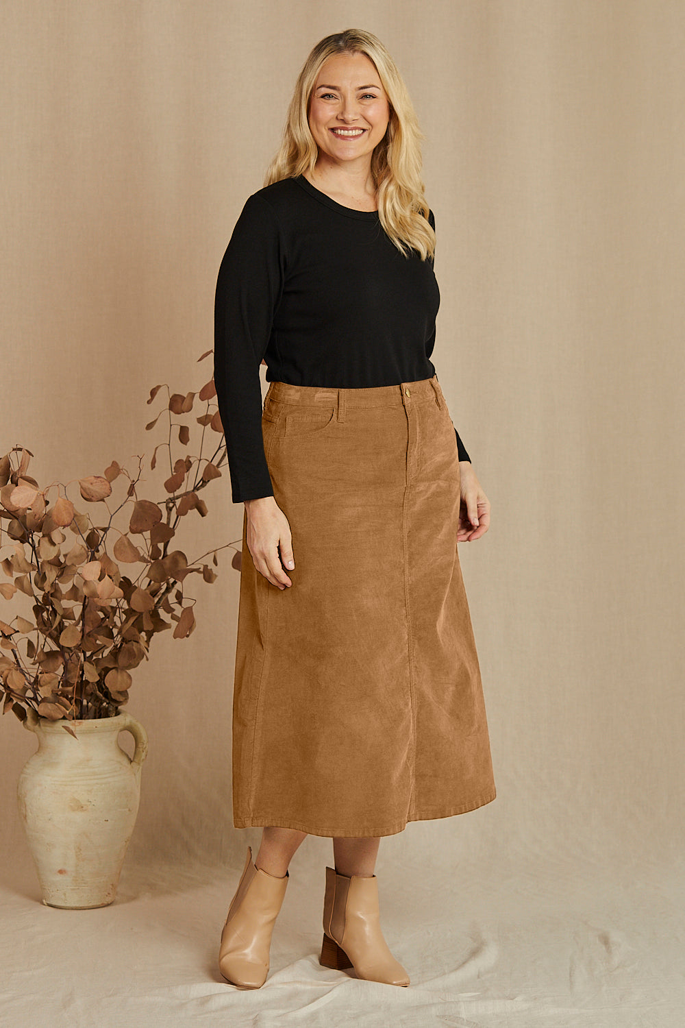 Adrift A-Line Brushed Cotton Skirt in Camel, Midi Skirt - Adrift Clothing