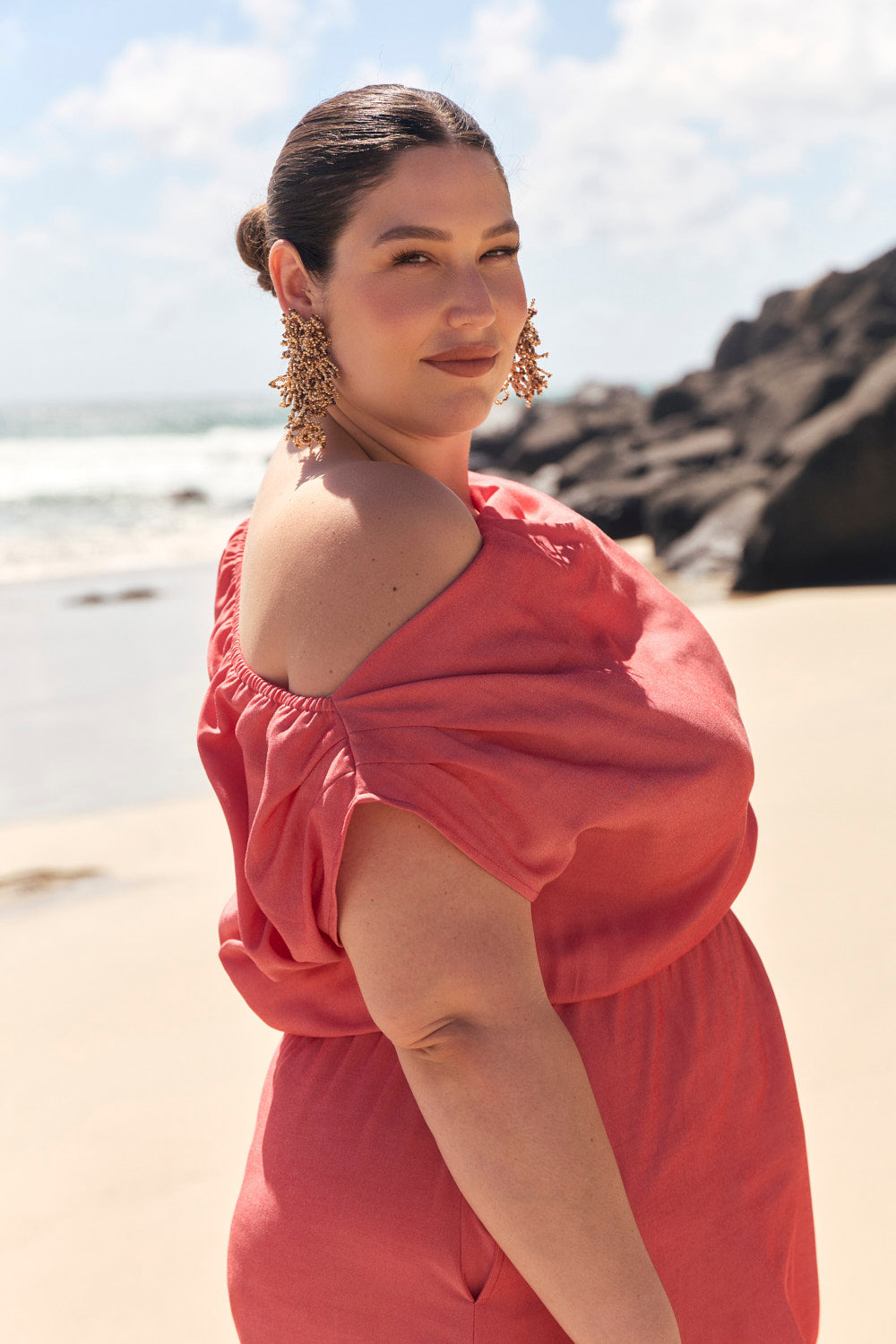 Alice Drop Shoulder Dress in Coral