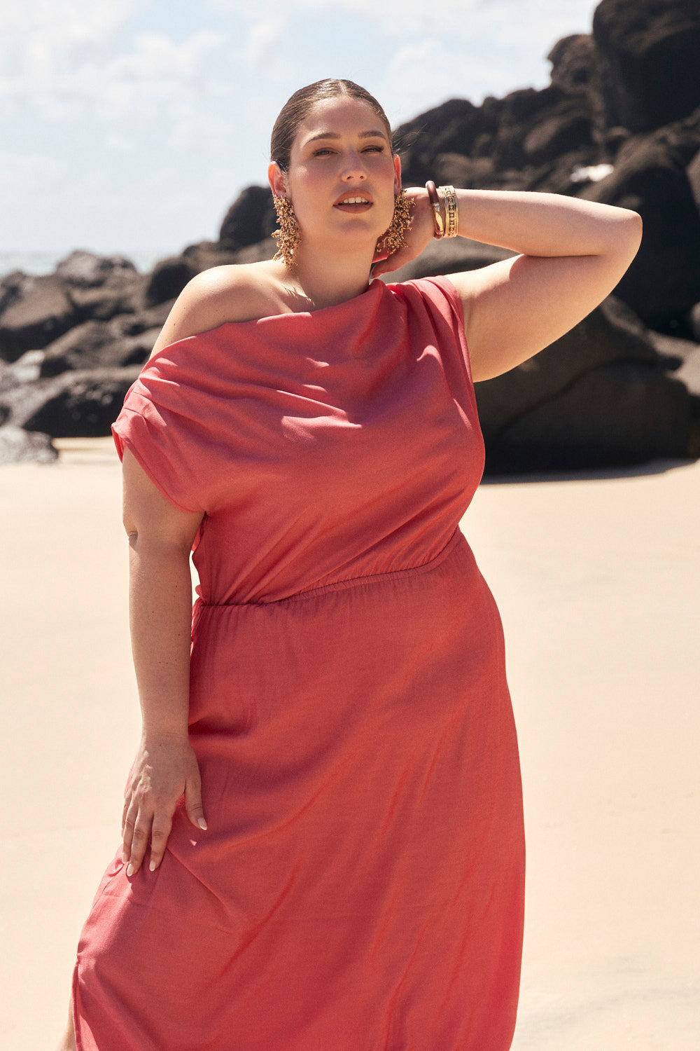 Alice Drop Shoulder Dress in Coral