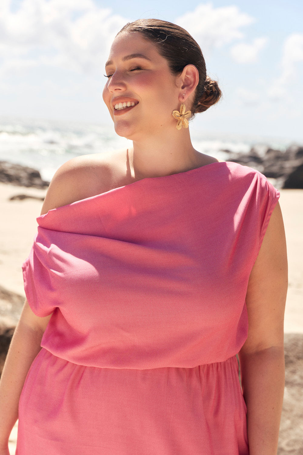 Alice Drop Shoulder Dress in Flamingo