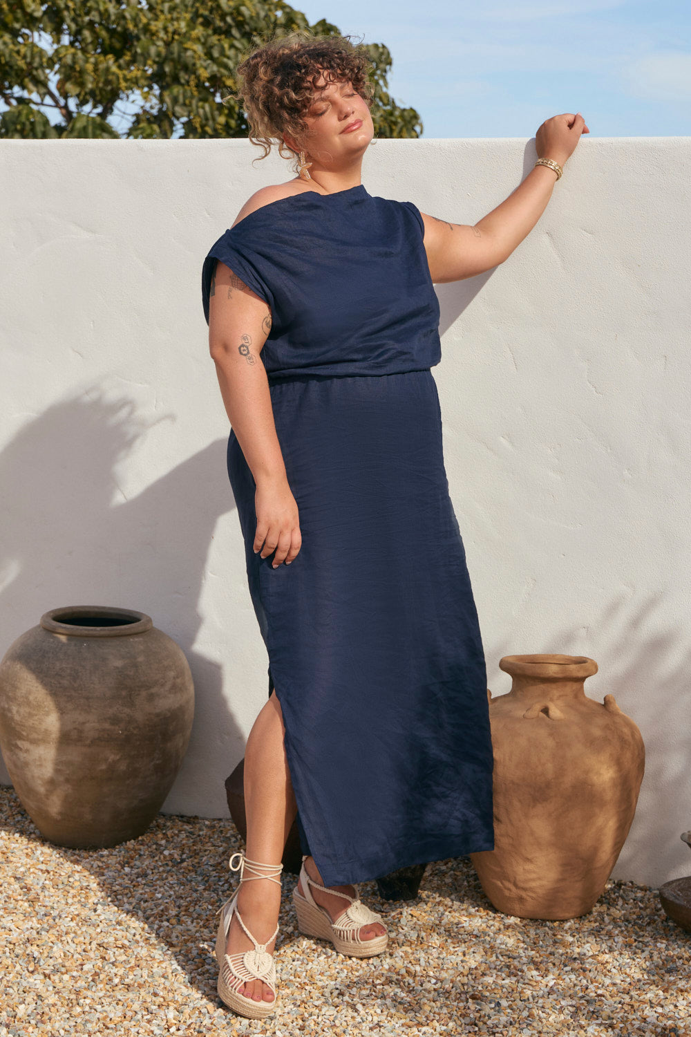 Alice Linen Drop Shoulder Dress in Navy, Midi Dress - Adrift Clothing