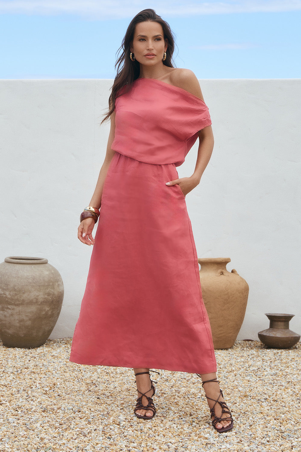 Alice Linen Drop Shoulder Dress in Vintage Rose