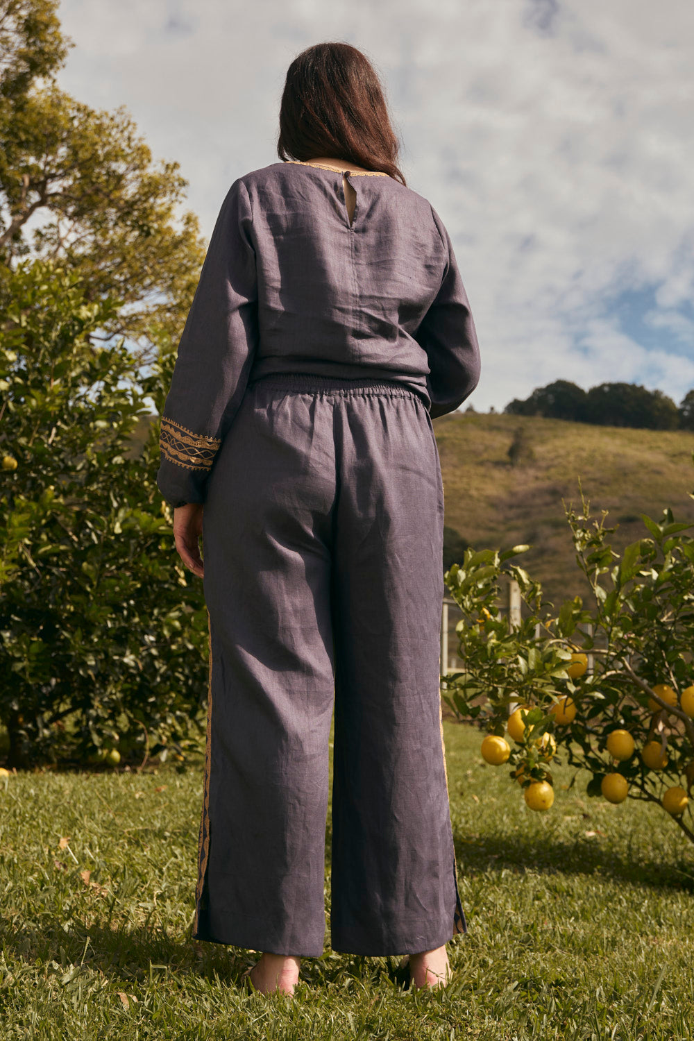 Camille Linen Split Pant in Slate