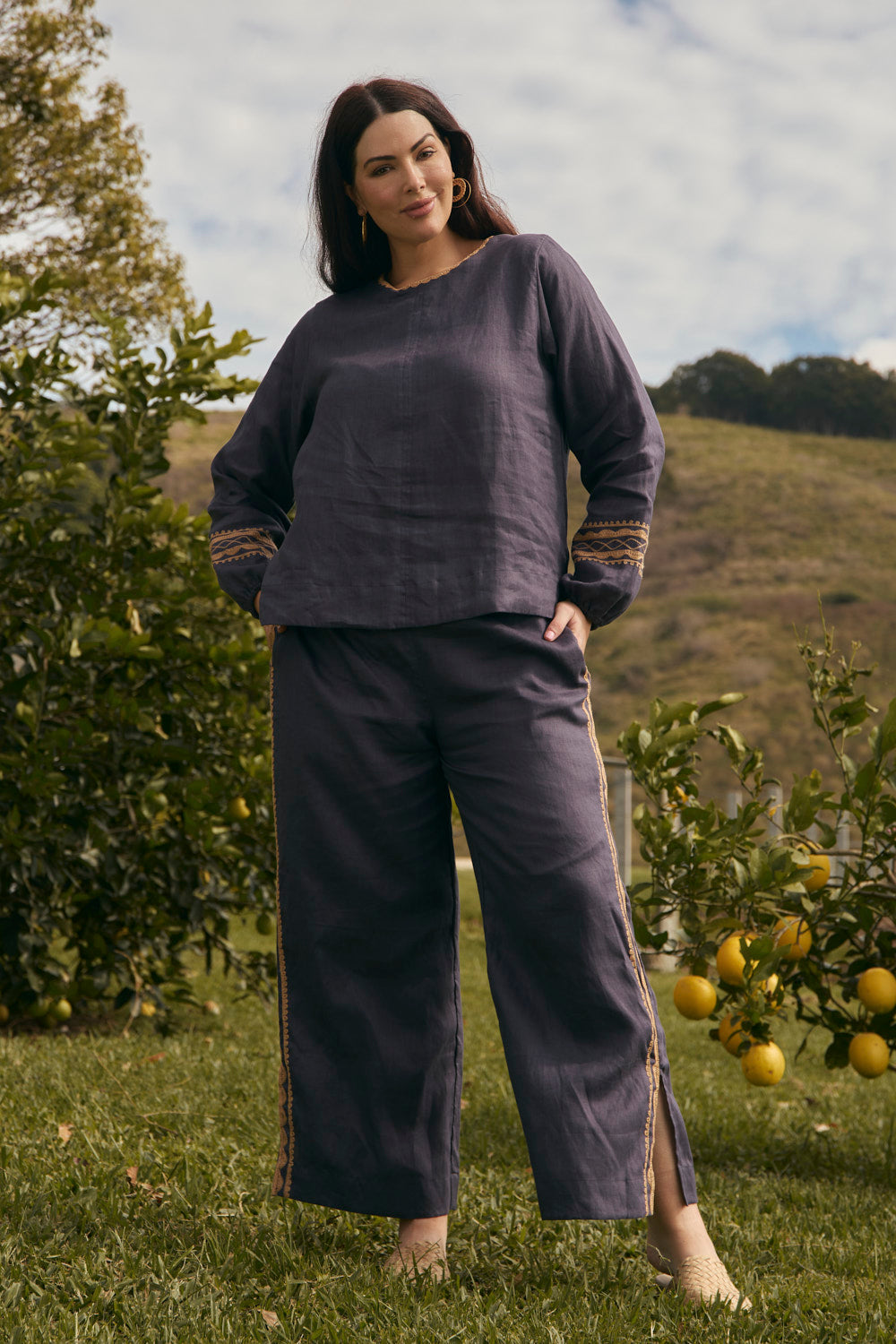 Camille Linen Split Pant in Slate