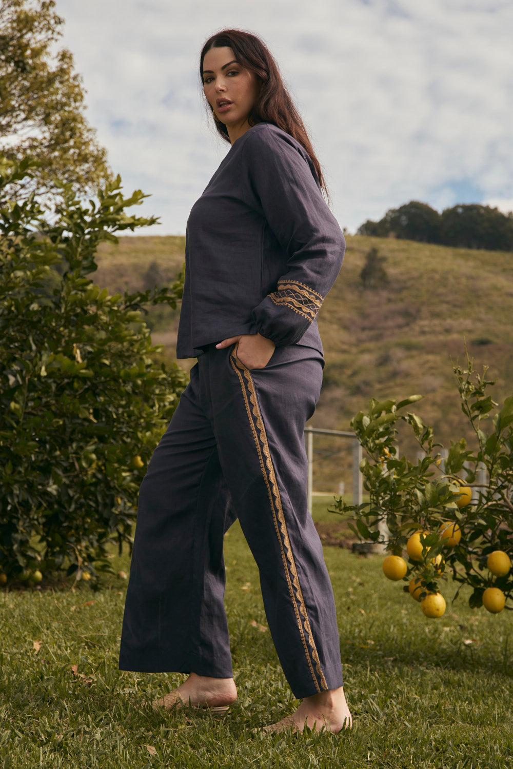 Camille Linen Split Pant in Slate