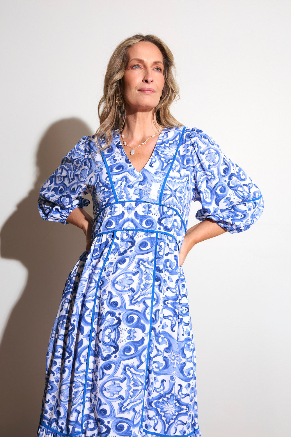 Aurora Panelled Dress in Blue Bijou