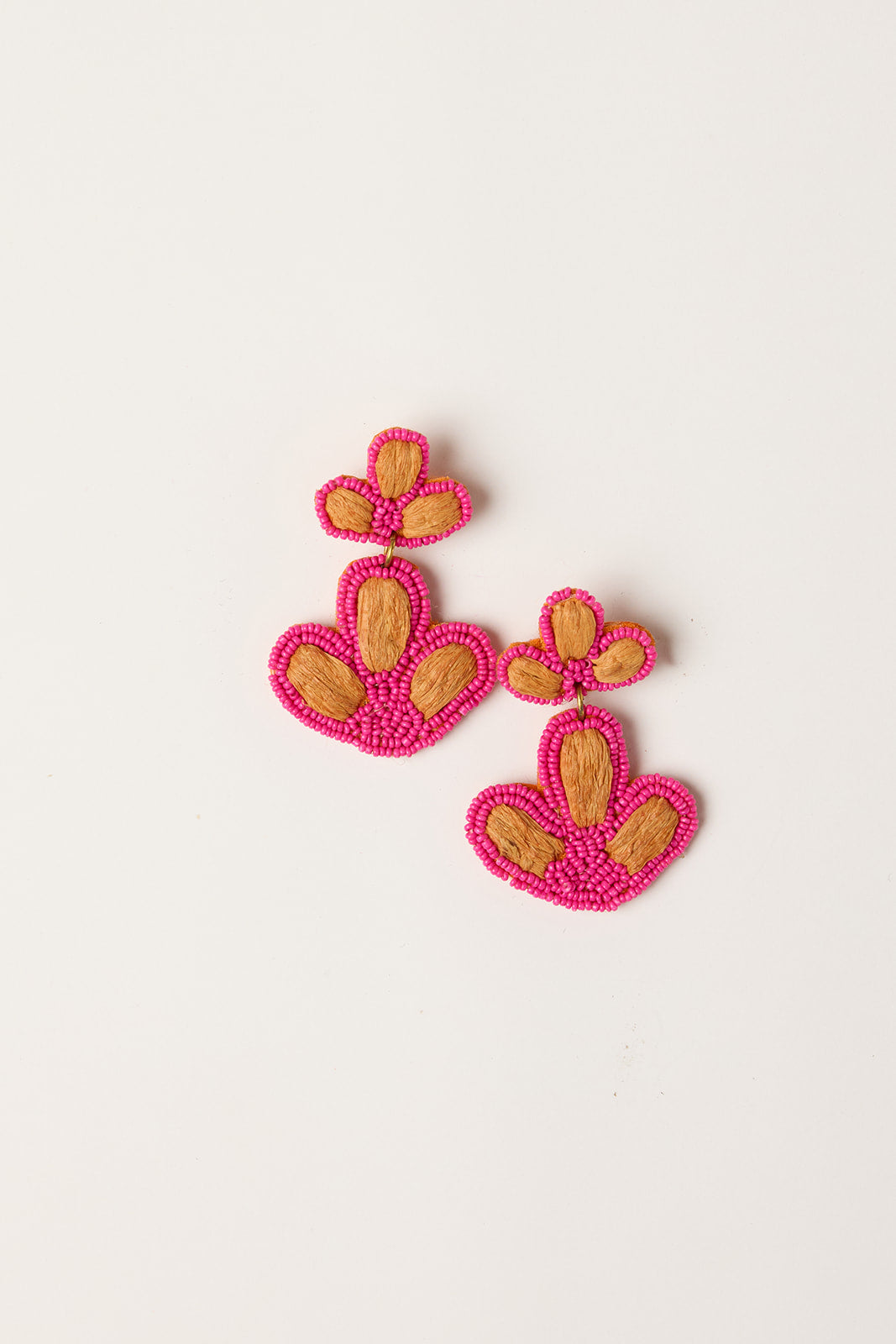 Beaded Flower Drops Earring in Hot Pink & Tan