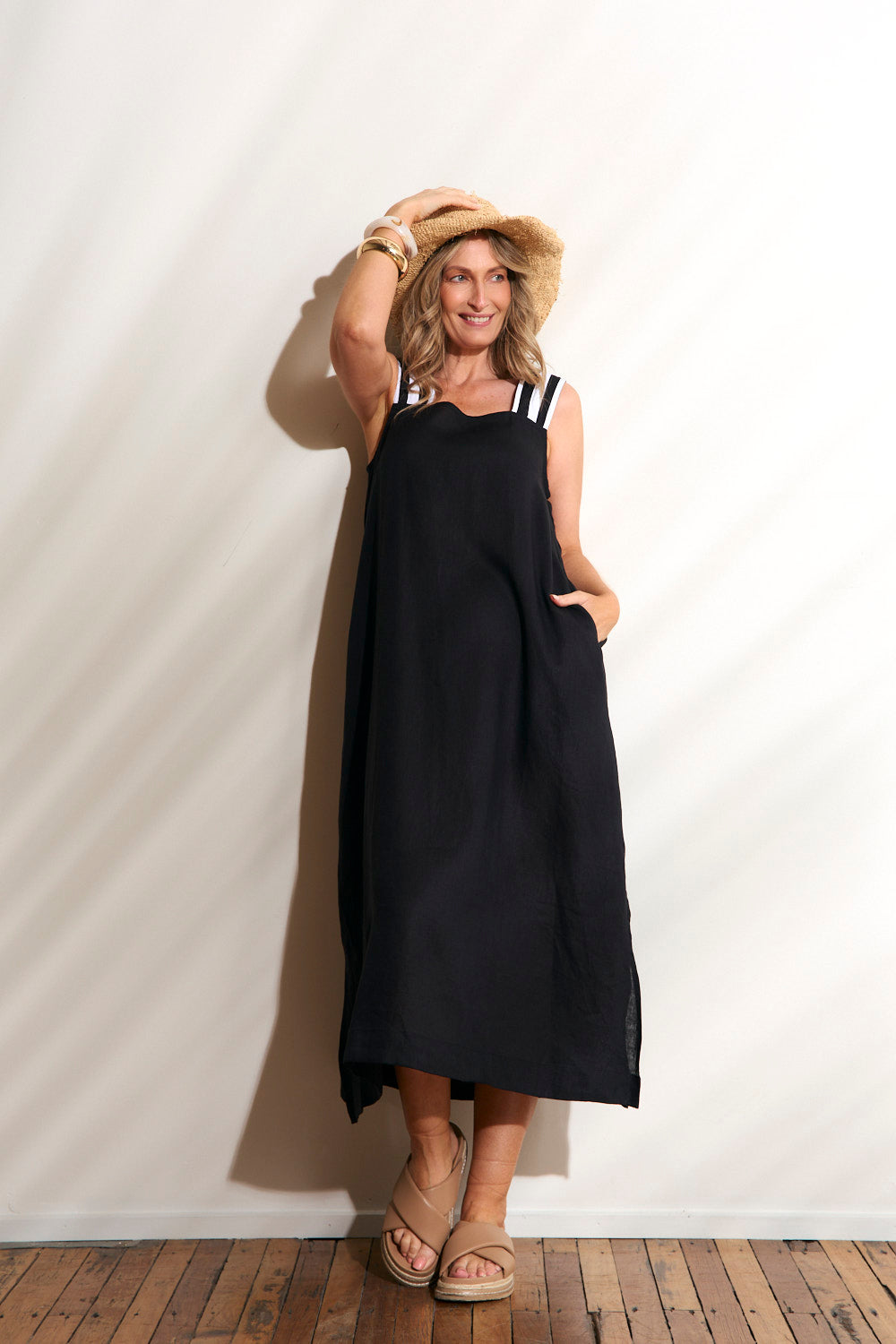 Bec Linen Sundress in Black with White Stitching