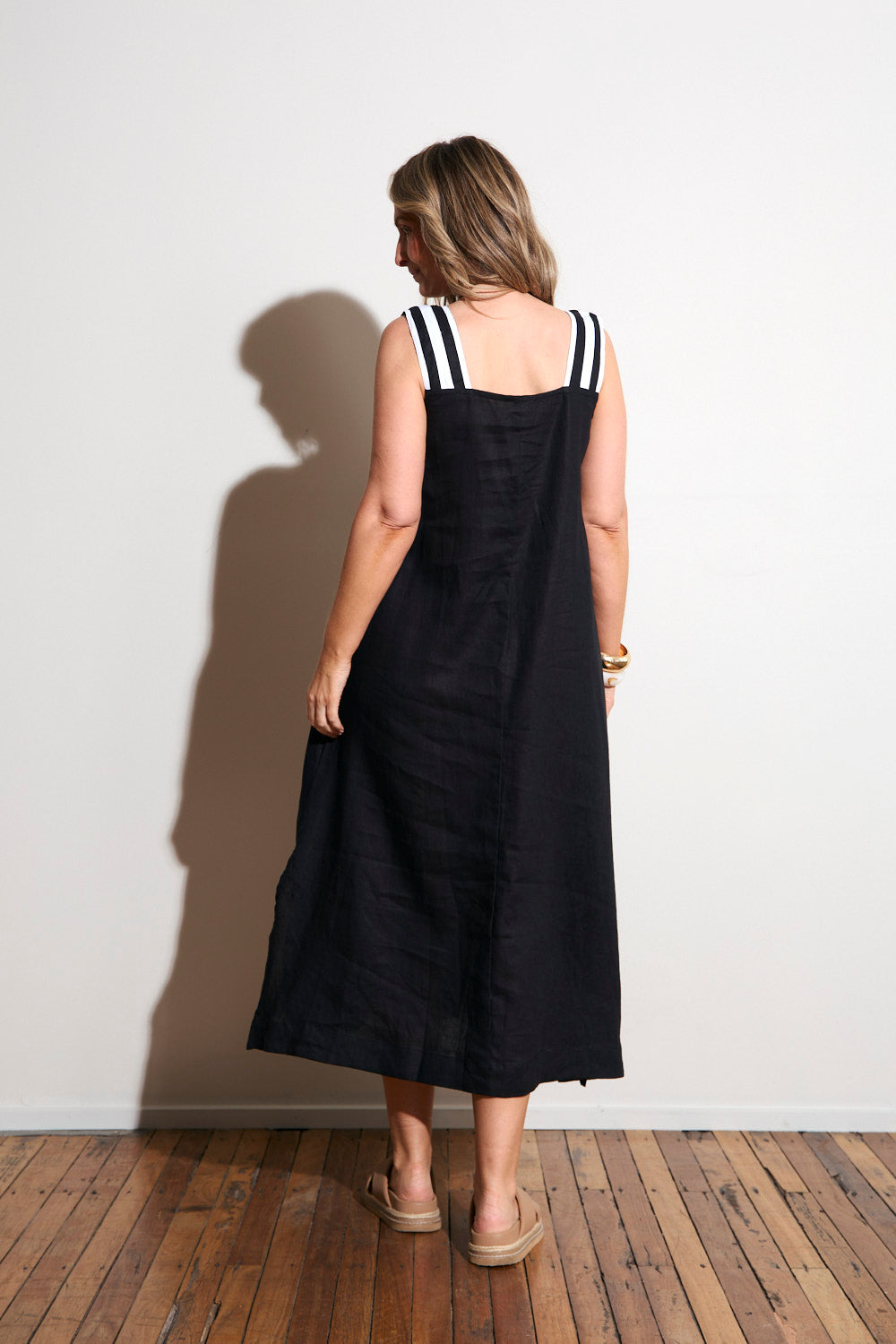Bec Linen Sundress in Black with White Stitching