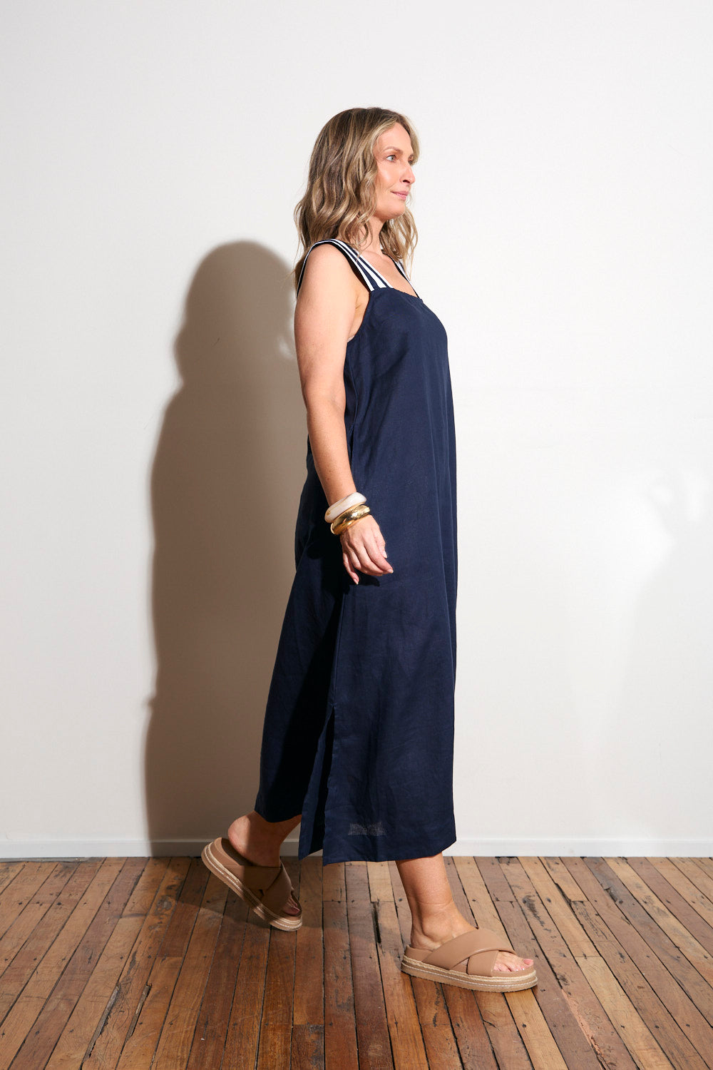 Bec Linen Sundress in Navy with White Stitching