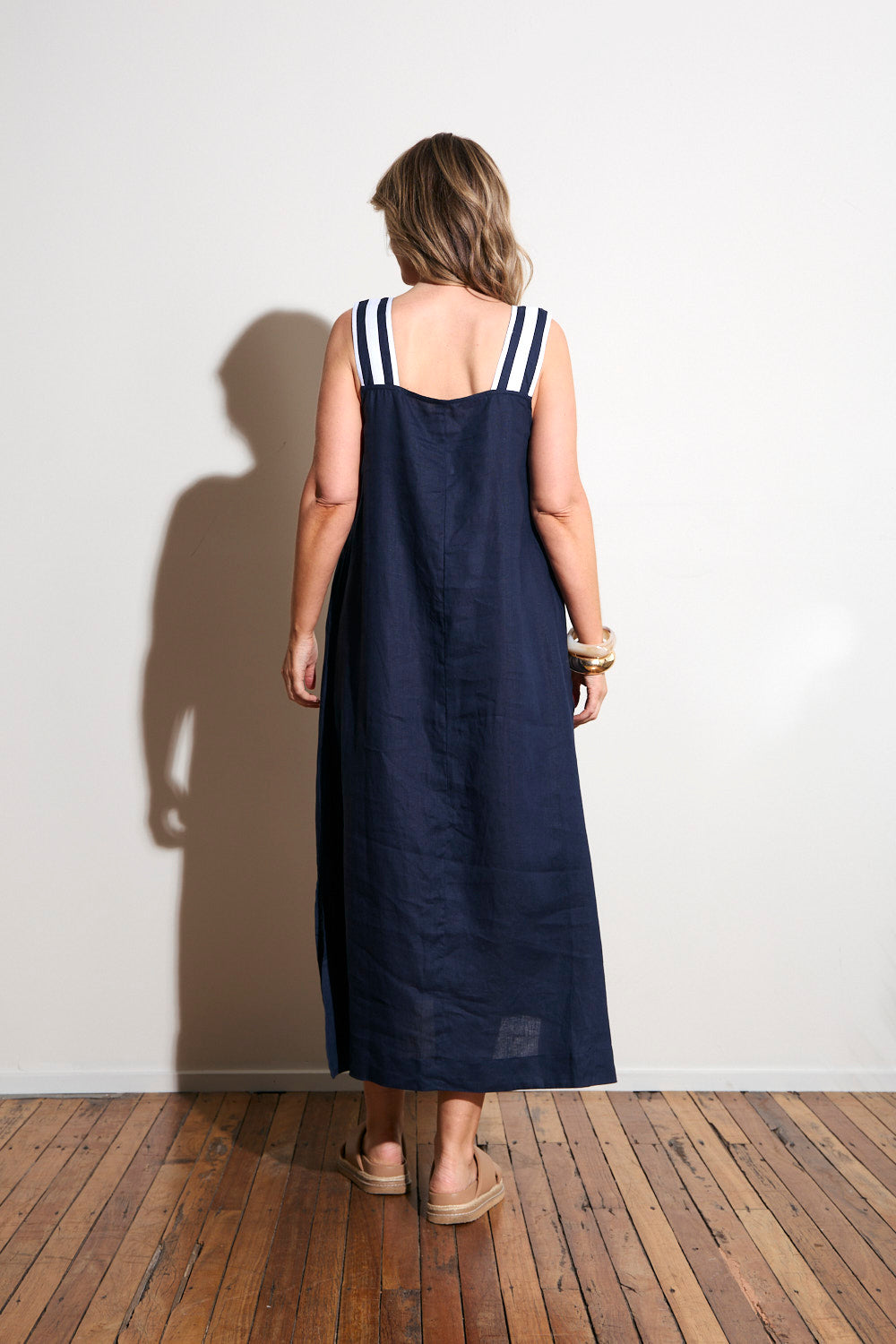 Bec Linen Sundress in Navy with White Stitching