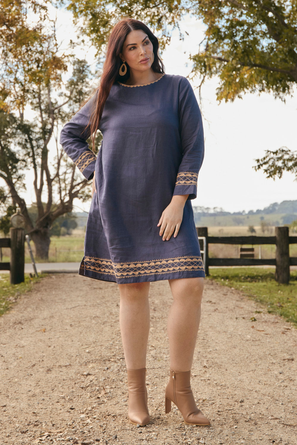 Boatneck Linen Shift Dress in Slate, Short Dress - Adrift Clothing