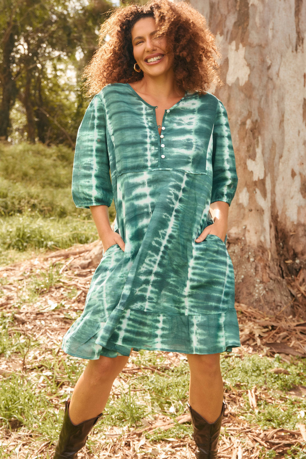Bonnie Umbrella Short Dress in Shibori Green