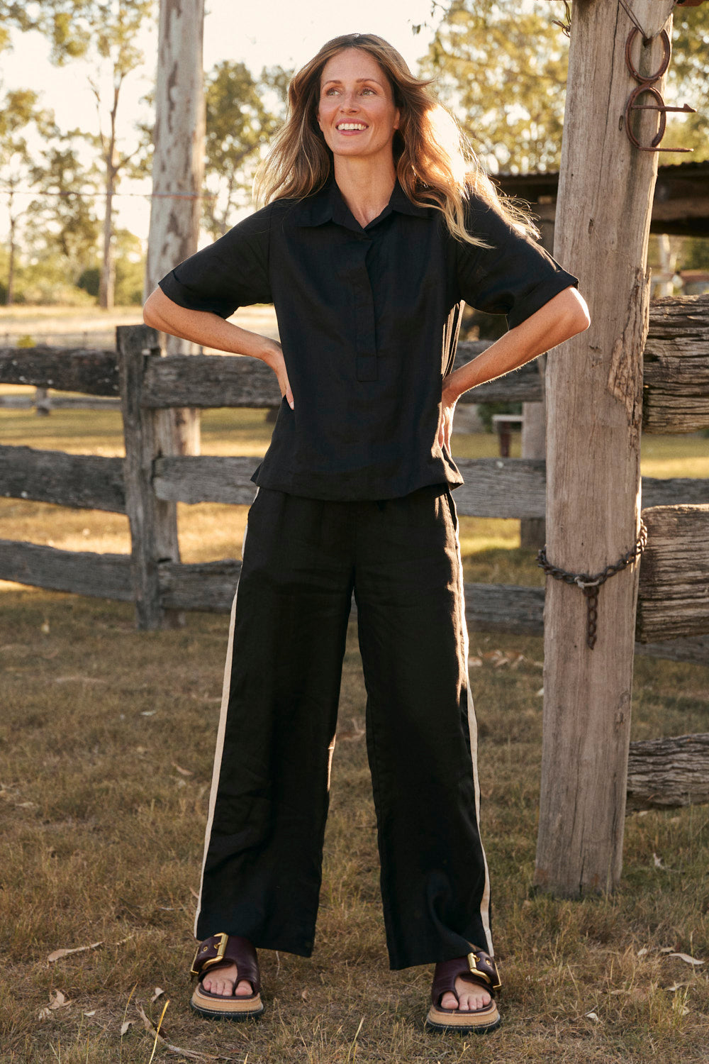 Breezy Linen Relaxed Pant in Black Splice