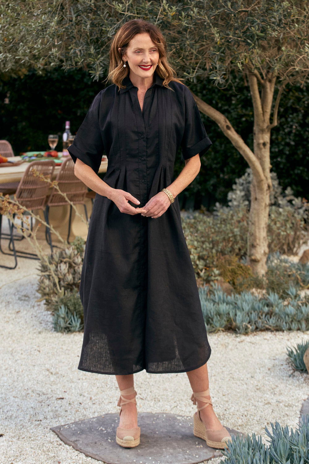 Bridget Linen Pleated Dress in Black