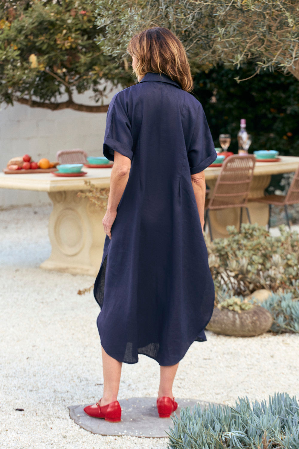 Bridget Linen Pleated Dress in Navy