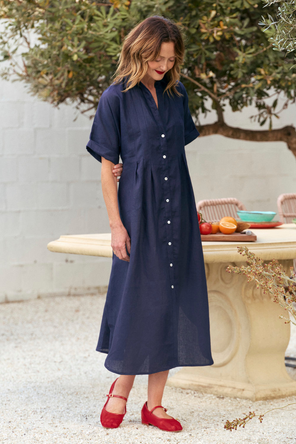 Bridget Linen Pleated Dress in Navy