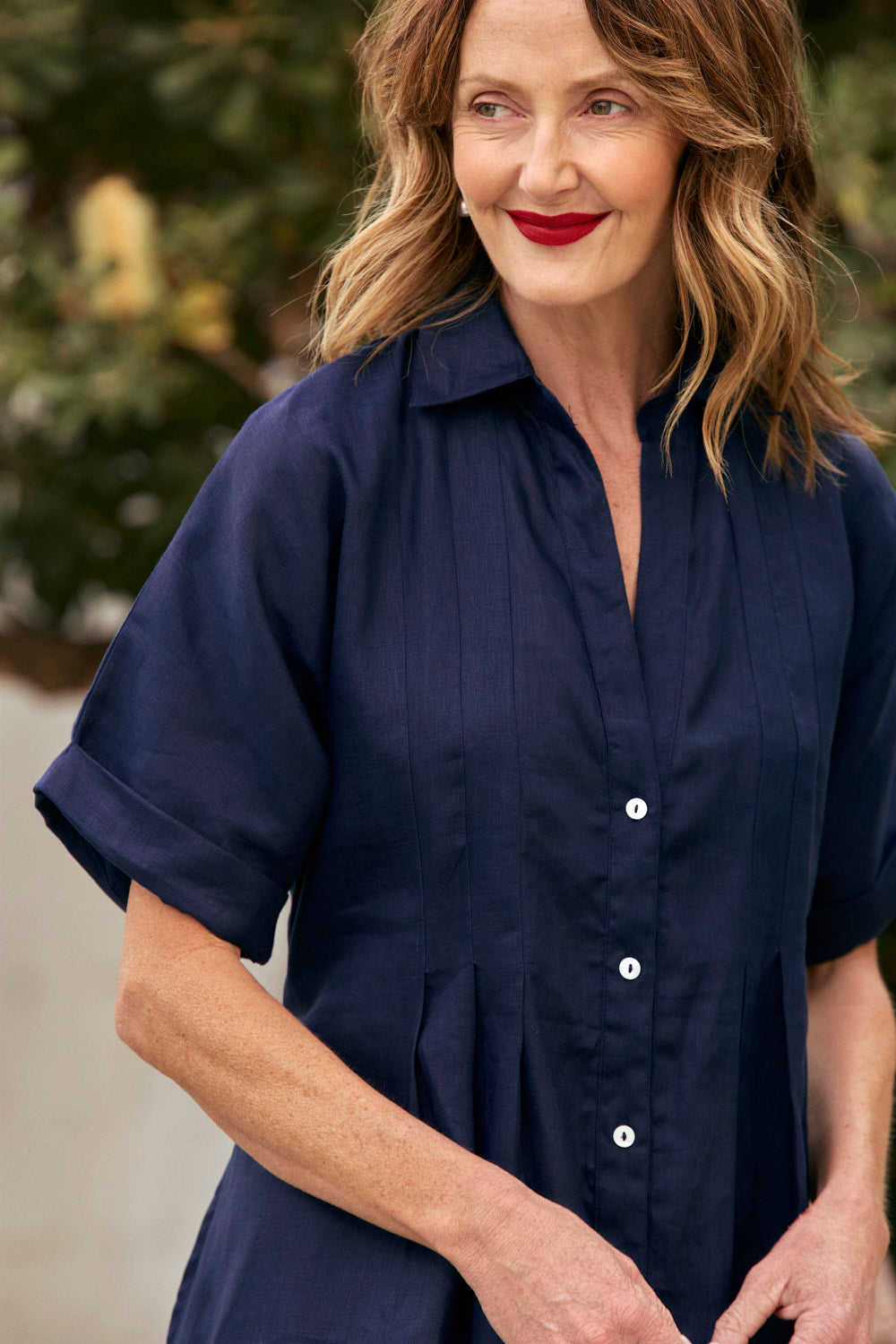 Bridget Linen Pleated Dress in Navy