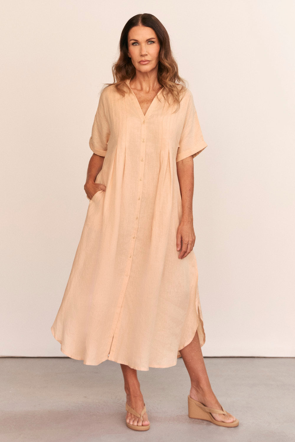 Bridget Linen Pleated Dress in Sand