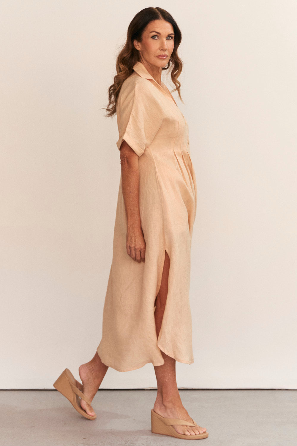 Bridget Linen Pleated Dress in Sand