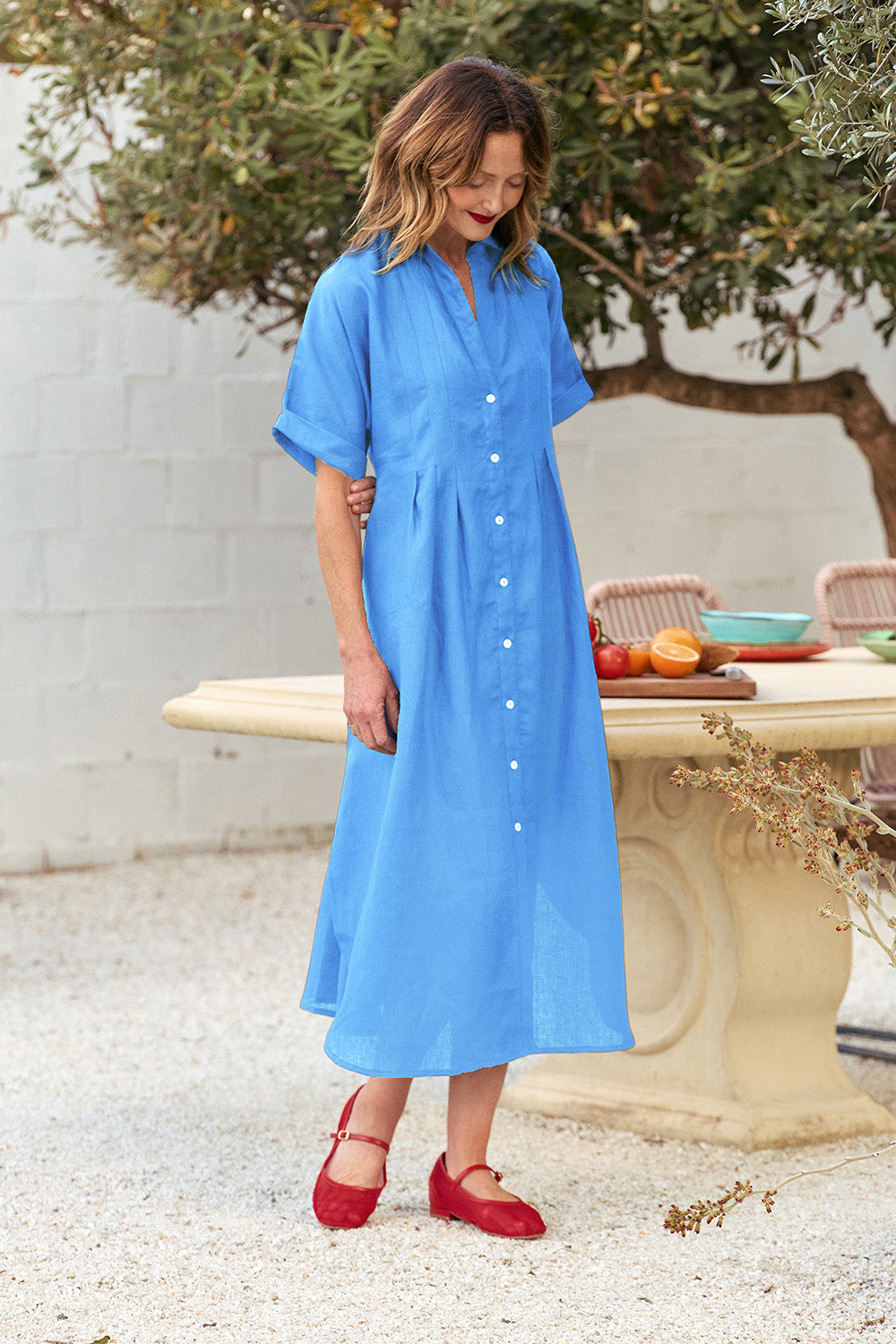 Bridget Linen Pleated Dress in Sky Blue