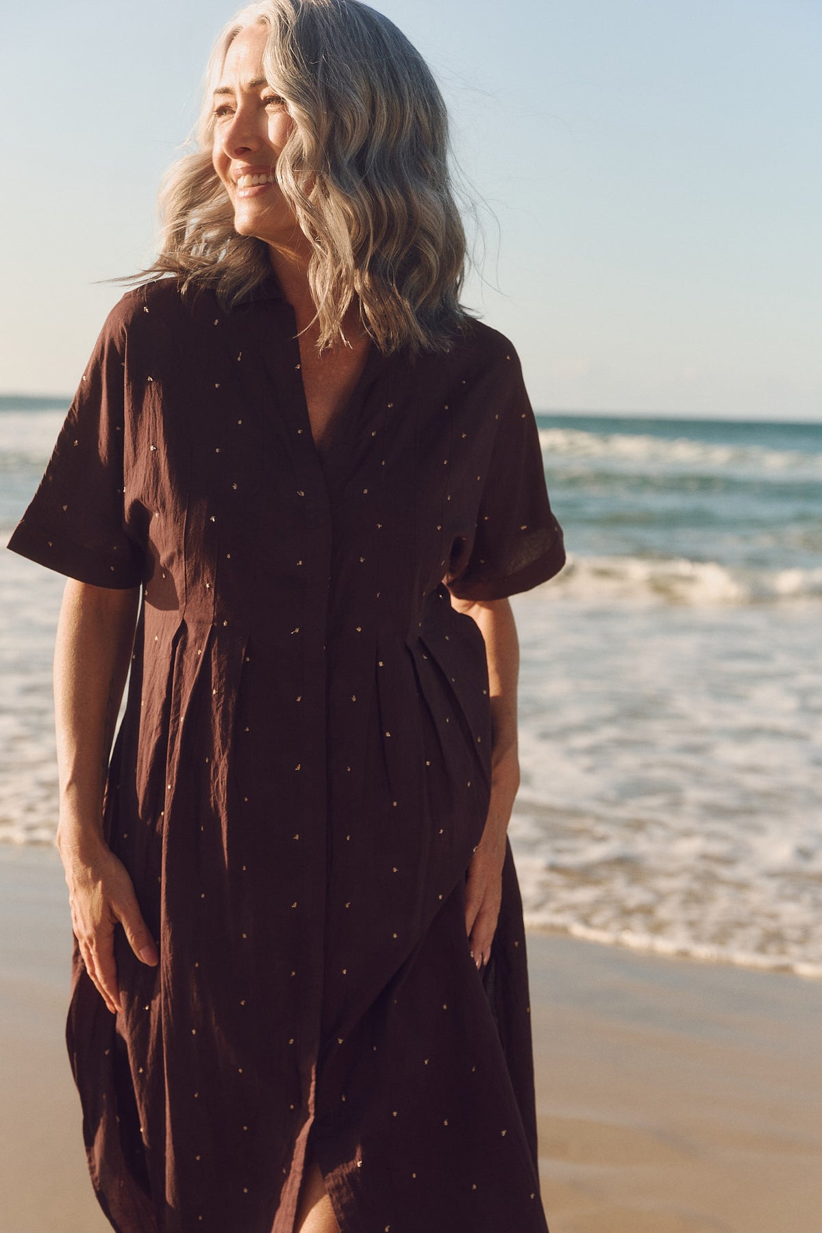 Bridget Pleated Dress in Chocolate Aurum